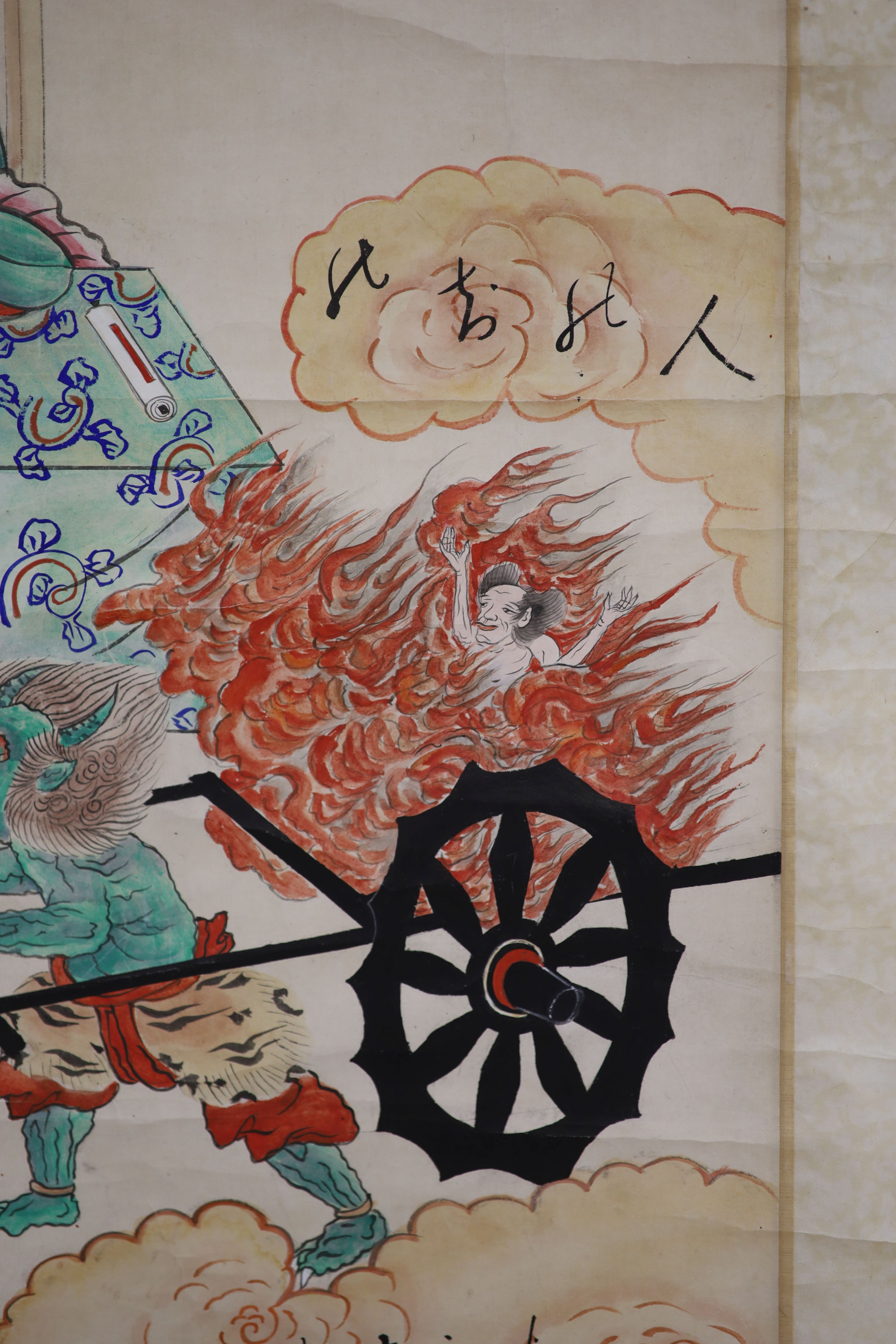 Chinese School, watercolour on paper scroll painting, Humans being tortured by demons, 130 x 68cm